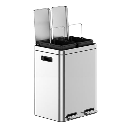 Dual Compartment Trash Can, 2 x 5.3 Gallon Kitchen Bin, Stainless Steel Recycling Bin, with Soft-Close Lids & Removable Inner Baskets, with Dual Compartments, for Kitchen Home Office Use - size: 2 x 5.2 Gallon