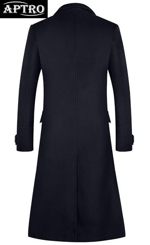 APTRO Men's Luxury Full Length Trench Coat Long Wool Overcoat Winter Windbreaker - color: Navy, size: Medium