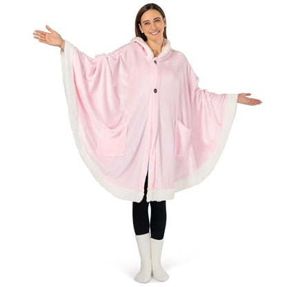 PAVILIA Hooded Blanket Poncho for Women, Fleece Wearable Shawl Wrap, Pink | Fleece Shawl Wrap with Hood, Adult Wearable Blanket, Cozy Warm Poncho Cape Throw with Pockets, Gift for Elderly Mom - color: Pink