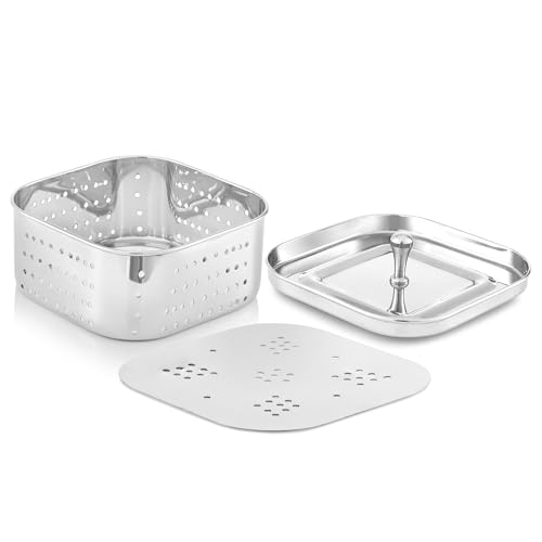KSJONE Stainless Steel Square Paneer Maker/Mould/Strainer Perfect for Making Delicious Tofu, Stainless Steel Paneer Maker with Top Pressing Lid - Size 5.11"W x 5.11"L x 2.3"H inches - size: Square