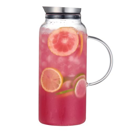 Purefold 68 Ounces Glass Pitcher with Lid, Hot/Cold Water jug for Coffee | Coffee, lemonade, iced tea, juice pitcher. Leakproof stainless steel lid, dishwasher safe. BPA free borosilicate glass. - size: 68 Ounces