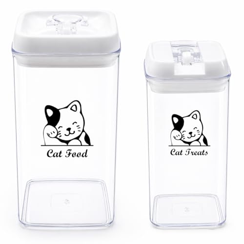 Pethiy Cat Food and pet Cat Treats Storage Container-Clear Plastic-airtight Storage Canister Tins cookie pet jars(Two-piece set) - color: CAT Off white