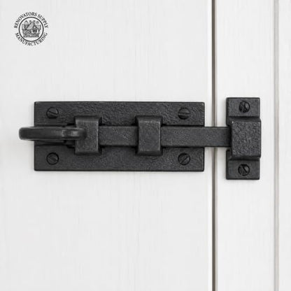 Renovators Supply Manufacturing Door Lock Latch 3.8 in. Black Wrought Iron Pig Tail Tip Styled Slide Bolt Latch with Mounting Hardware - size: Pack of 1, style: 3.88 inch - Curled Tail