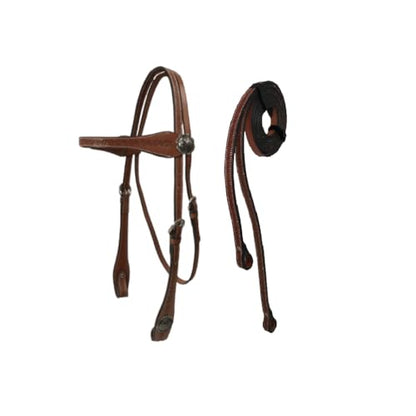 Tahoe Tack Hand-Tooled Barbwire Leather Western Browband Horse Headstall with Matching Split Reins - color: Tan, size: Draft