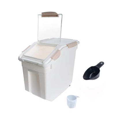 Airtight Flour Storage Container 25 lb Rice Storage Container with Wheels Seal Locking Lid, Food Containers with Measuring Cup& Scoop for Flour, Rice, Grain(Pink) - color: Pink 1 Count