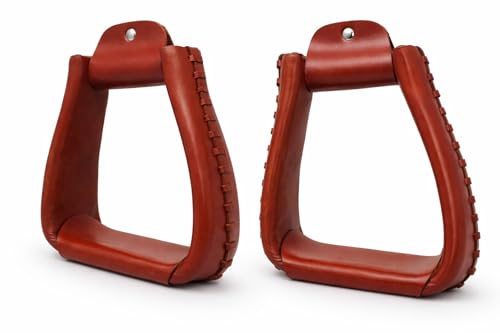 Western Horse Saddle Tack Leather Covered Angled Sloped Stirrups Tan 5155