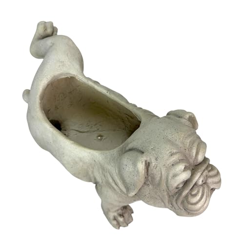 Zeckos Bulldog Animal Planter, 18 Inch Wide White Antique Stone Finish | Magnesium Oxide, Freestanding Display, Drain Hole, 7.5 X 4.25 Inch Opening, 10 Inch Deep - color: Bulldog - White