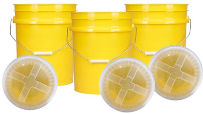 House Naturals 5 Gallon Plastic Yellow Food Grade BPA Free Made in USA Bucket Pail with Air Tight Double Gasket Screw on Lid(Pack of 3) (Yellow and Clear lids) - color: Yellow and Clear Lids