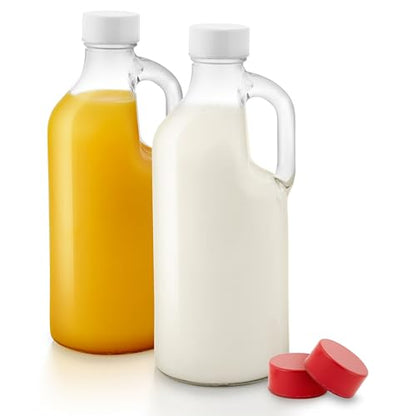 Stock Your Home 40 oz Glass Milk Bottle with Lid and Handle (2 Pack), 4 Reusable Caps, Milk Container for Refrigerator, Glass Juice Bottles, Water, Almond Cow Milk Storage Bottle, Glass Milk Jug - size: 2 Count