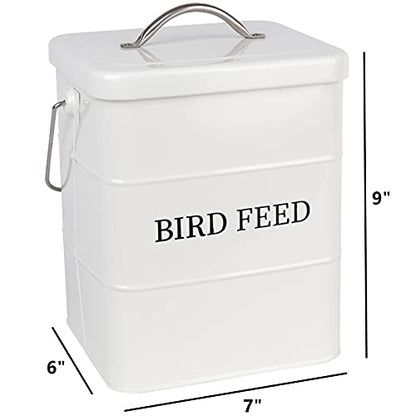 DEAYOU Pet Food Storage Tin with Lid, Metal Bird Seed and Feed Container with Serving Scoop, Treats Storage Canister Bin Can for Dogs, Cats Food, Coated Carbon Steel, Tight Fitting Lid, White, 5-6 Lbs
