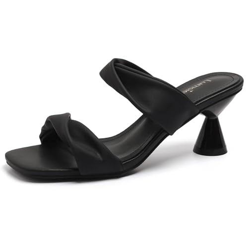 Women's Square Toe Twisted Strap Mules Open Toe Sculptural Kitten Heels Backless Slip On Sandals with Memory Foam - color: Black Twisted, size: 9