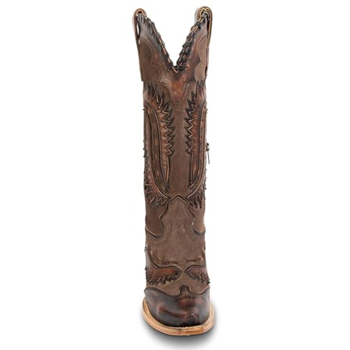 Yishaweiqi Embroidered Cowboy Boots for Women Mid Calf Cowgirl Boots Side Zipper Chunky Heel Snip Toe Knee High Western Boots - color: Dark Brown, size: 6