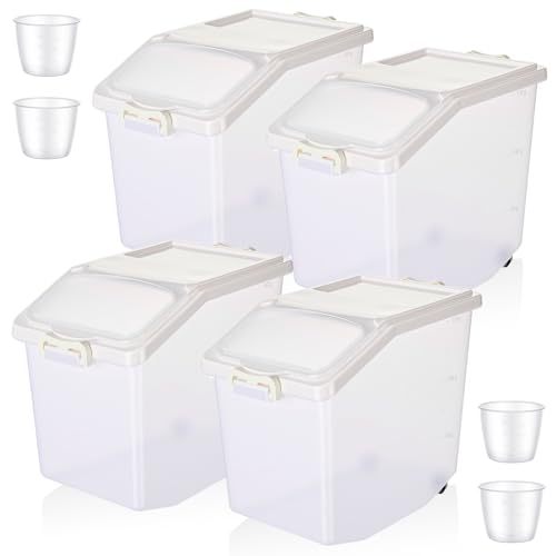 Sunnyray 4 Pcs Rice Storage Container 33.1 lb Airtight Flour Container with Wheels Measuring Cup White Pet Food Dog Cat Birds Food Bin Grain Cereal Organizer Box for Dry Baking Supplies - size: 12.2 x 12.2 x 9.45 Inch