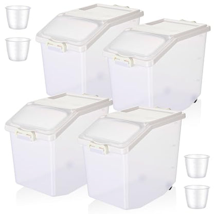 Sunnyray 4 Pcs Rice Storage Container 33.1 lb Airtight Flour Container with Wheels Measuring Cup White Pet Food Dog Cat Birds Food Bin Grain Cereal Organizer Box for Dry Baking Supplies - size: 12.2 x 12.2 x 9.45 Inch