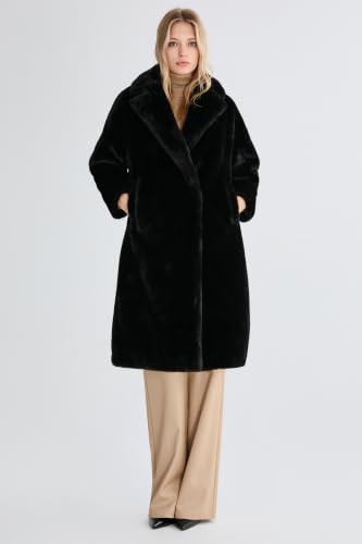 Orolay Women's Fuzzy Fleece Winter Jacket Faux Fur Lapel Coat Mid-Length Sherpa Teddy Coat - color: Black, size: Small