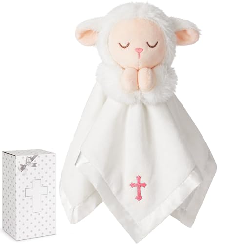 Lamb Baptism Blanket, Lamb Loveys Baptism Gifts for Baby Girls | White Security Blanket with Embroidered Pink Cross, Soft 12in Baby Blanket for Newborns Toddlers for Christening Baby Showers - color: White Lamb Pink Cross