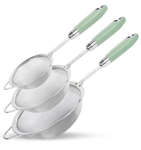 18/10 Stainless Steel Fine Mesh Strainer Set, 3 Sizes, 40 Mesh | 40-mesh filtration helps strain rice, flour, tea, and sauces while reinforced handles provide lasting durability. - color: Light Green