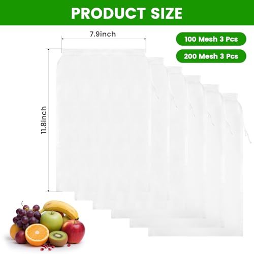 6 Pcs Nut Milk Bag Reusable Bulk, 100 & 200 Micron Nylon Mesh Strainer Bags, Mesh Bag for Juicing for for Efficient Cold Press Juicing, Nut Milk, Brewing & Straining (11.8" x 7.9")