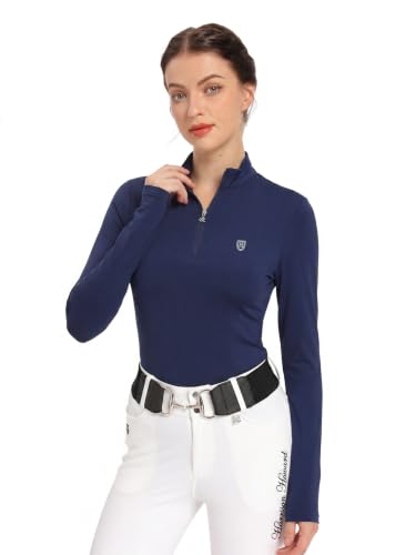 Harrison Howard Women’s Equestrian Riding Shirt, UPF 50+ Quarter Zip Breathable Horse Riding Top, Quick Dry Schooling Shirt - color: Navy, size: Medium