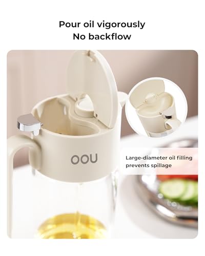 OOU B2 Oil Dispenser Bottle, 20oz/600ml Borosilicate Glass Olive Oil Bottle with One-Step Pop-Up Lid, One-Hand Pour Control, Leak-Resistant Silicone Seal, Stainless Steel Spout & 304 Filter, Off-White
