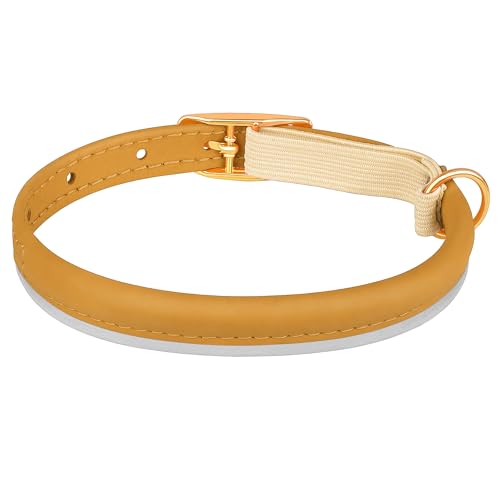OOPSDOGGY Rolled Leather Cat Collar with Bell - Reflective Kitten Collar with Safety Elastic Strap - Adjustable Small Pet Collars for Boy Girl Cats (Camel) - color: Camel