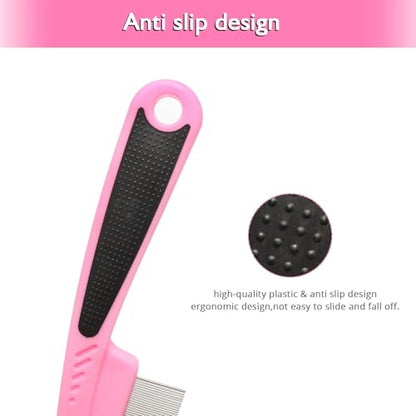 Flea and Lice Comb for Dogs and Cats - Promotes Hair Growth, Removes Loose Hair, Knots, and Flakes - Rubber Handle Brush for Pet Grooming (Pink) - color: Pink