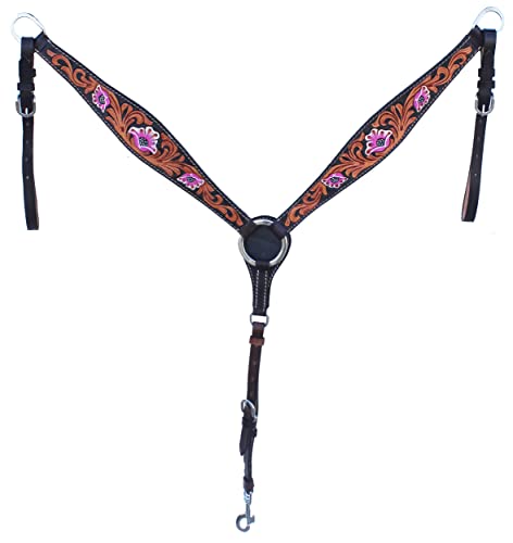 CHALLENGER Horse Western Leather Tooled Headstall Bridle Breast Collar Tack Set 78HRBrowbandSet - color: Brown Pink Lily