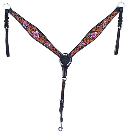 CHALLENGER Horse Western Leather Tooled Headstall Bridle Breast Collar Tack Set 78HRBrowbandSet - color: Brown Pink Lily