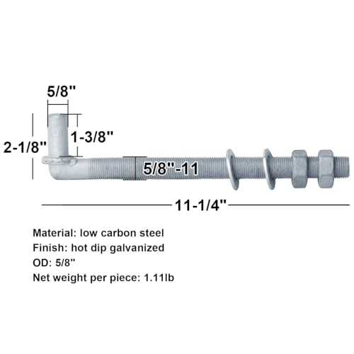 4 Pack 5/8" J-Bolt Gate Hinges, Threaded Post Hinge Pin, 5/8" x 11-1/4" - size: 5/8" x 11-1/4"