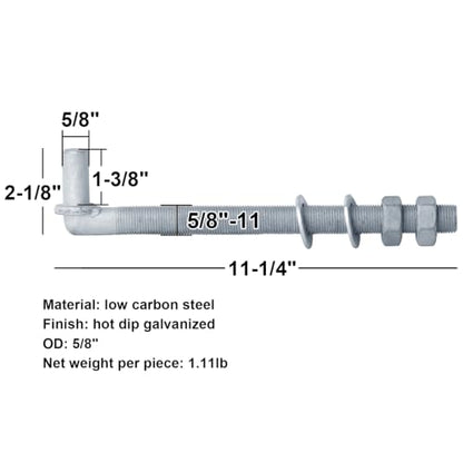 4 Pack 5/8" J-Bolt Gate Hinges, Threaded Post Hinge Pin, 5/8" x 11-1/4" - size: 5/8" x 11-1/4"