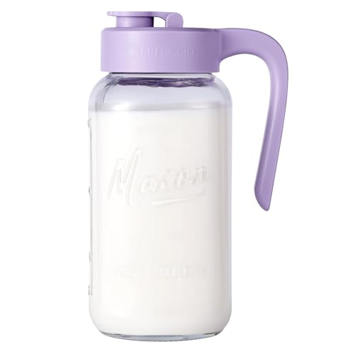 Mason Jar Pitcher, 64 oz (2 quart), Glass Pitcher with Lid | Airtight, Leak proof, Ergonomic Handle, Pour Spout Lid, Fridge Safe, for Sun Tea, Iced Tea, Cold Brew, Lemonade, Outside - color: Purple