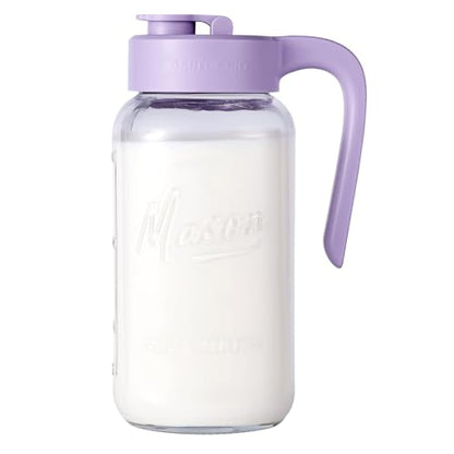 Mason Jar Pitcher, 64 oz (2 quart), Glass Pitcher with Lid | Airtight, Leak proof, Ergonomic Handle, Pour Spout Lid, Fridge Safe, for Sun Tea, Iced Tea, Cold Brew, Lemonade, Outside - color: Purple