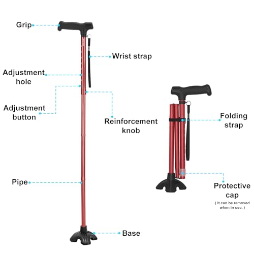 Travel Walking Cane,‌1.36 lb,15.75" Folded,Under 5'9",Red - color: Basic Red Cane(30.31-37.40in)