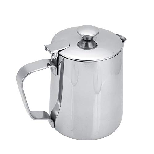 Stainless Steel Coffee Cup Mug Milk Frothing Pitcher Jug with Lid for Latte Coffee Art for Office Kitchen with handle(350mL)