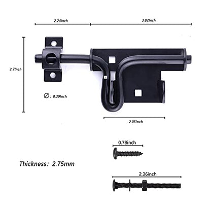 2 Packs Heavy Duty Sliding Bolt Gate Latch Black Thickened Metal Sliding Bolt Latch with Padlock Hole for Wooden Fence, Shed, Yard, Barn, Interior and Outdoor Latch, Solid Hardware