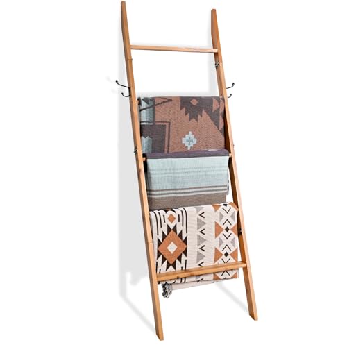 FUIN Blanket Ladder, 58in Rustic Solid Wood with Side Hangers Decor Rack