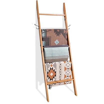 FUIN Blanket Ladder, 58in Rustic Solid Wood with Side Hangers Decor Rack