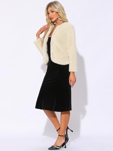 Allegra K Winter Faux Fur Coat Jacket for Women Long Sleeve Pockets Pearl Button Fluffy Cropped Cardigan Outerwear - color: Beige, size: Medium