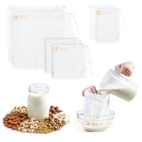 Reusable Nut Milk Bag 6 Pack, 3 Sizes Fine Mesh Strainer Bags (20"x20", 12"x12", 12"x8"), Nylon Filter Bags for Almond Milk, Juice, Cheese Making, Cold Brew Coffee & Yogurt