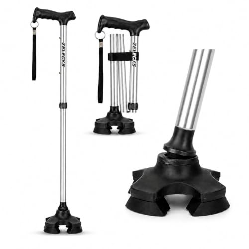 ZELECKS Walking Cane for Women & Men - Self Standing Adjustable Folding Cane with T Handle and 360 Pivot Base - Lightweight Foldable Walking Stick for Seniors - Collapsible Cane for Walking - color: Silver