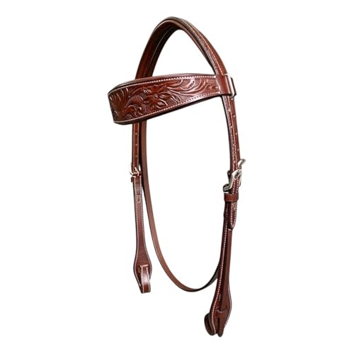 Majestic Ally Horse Headstall, Natural, Super Leather, Antique, Tooling, Quick Bit Change Padded Western Browband Headstall - color: TAN