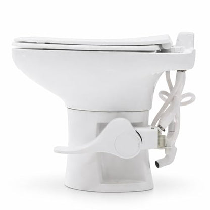 SEAFLO Porcelain RV Toilet with Sprayer Attachment - Elongated Bowl 19” Inch Residential Height, Gravity Flush, Foot Pedal Soft Close Seat Camper Motorhome Easy Install 4 -year Warranty SFRTCH-02-02 - color: White (Ceramic Bowl with Sprayer)