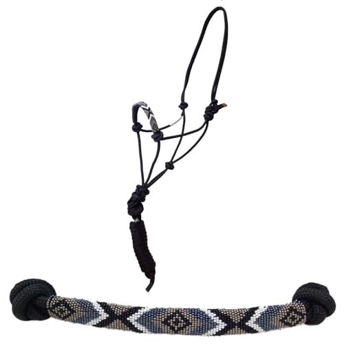 Tahoe Tack Copper Tip® Series Braided Rope Horse Halter with Navajo Beaded Noseband, Cowboy Knots, 10 Ft Lead - color: Black/White
