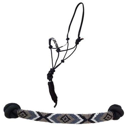 Tahoe Tack Copper Tip® Series Braided Rope Horse Halter with Navajo Beaded Noseband, Cowboy Knots, 10 Ft Lead - color: Black/White