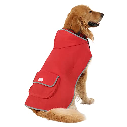 HDE 2-in-1 Reversible Dog Raincoat Hooded Poncho Rain Jacket Red Plaid L - color: Buffalo Plaid / Red, size: Large