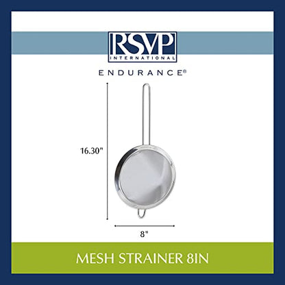RSVP International Endurance Kitchen Collection, Stainless Steel Fine Mesh Conical Sieve/Colander, Multi-Purpose for Cooking, Baking, Loose Leaf Tea, Bar Strainer Cocktails, 8-Inch - size: 8-Inch