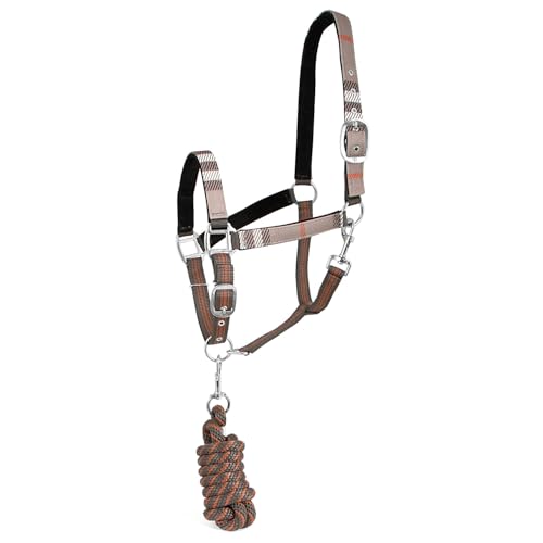 Jeffers Poplar Head Adjustable Padded Nylon Halter & Matching Lead Set with Quick Snap for Horses, Full Size Horse Halter with Padded Noseband & Crown, Equestrian Training Tack for Stable or Ranch Us - color: Plymouth Brown