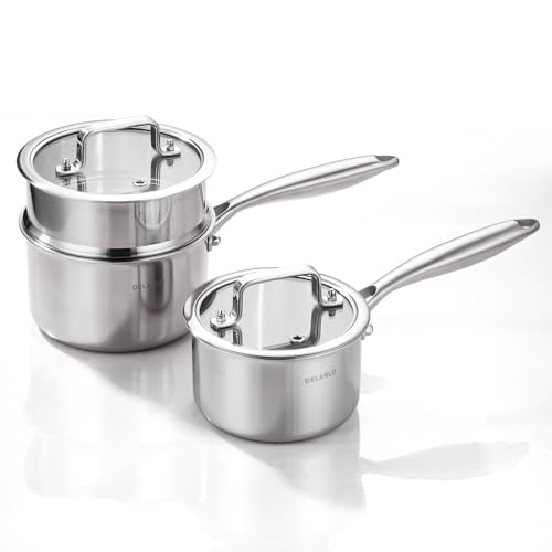 DELARLO Tri-Ply Stainless Steel Saucepan 1QT 2QT Kitchen Pot Set - color: Silver, size: 1QT+2QT With Steamer