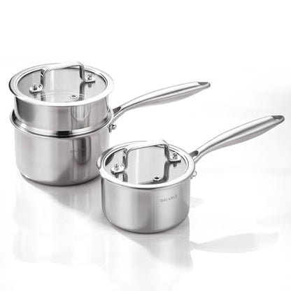 DELARLO Tri-Ply Stainless Steel Saucepan 1QT 2QT Kitchen Pot Set - color: Silver, size: 1QT+2QT With Steamer