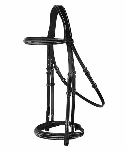 Exion English Hunter Bridle with Designer Stitched Browband & Hunter Noseband – Anatomical Mono Crownpiece, Padded Noseband, Rubber Reins – Horse, Cob, Pony, Oversize – Black, Havana, Oak Brown - color: Black, size: Pony/Small Size